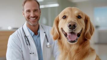 happy dog with veterinarian in clinic, showcasing pet care photo