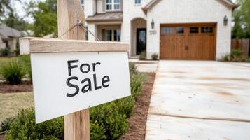 newly built suburban house with For Sale sign in front photo