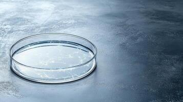 petri dish filled with clear liquid on textured surface, showcasing scientific setting photo