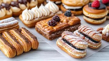 Delightful assortment of French pastries including eclairs and macarons photo