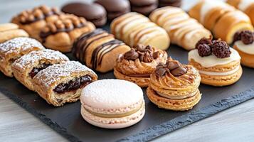 Delicious assortment of French pastries including macarons and eclairs photo