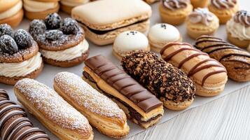 Delicious assortment of French pastries including eclairs and macarons photo
