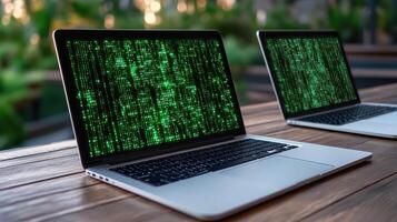 Digital screens display green matrix code, symbolizing cyber threats photo