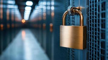 secure padlock on server cabinet symbolizes data protection and security photo