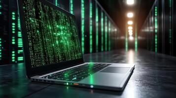 laptop displaying green code in data center environment photo