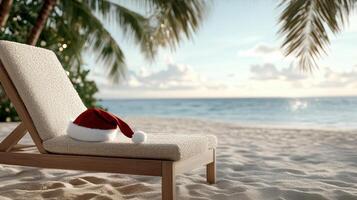 Santa hat rests on beach lounger, evoking festive seaside vibe photo