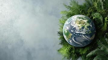 3D visualization of Earth surrounded by lush green foliage, symbolizing ecosystems photo