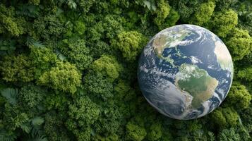 Earth surrounded by lush green foliage, showcasing ecosystems and nature beauty photo
