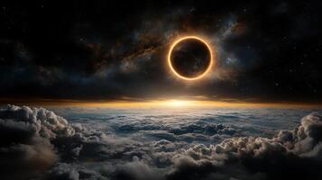 breathtaking eclipse with moon casting shadow over clouds photo
