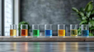Colorful liquids in glass beakers arranged on wooden table photo