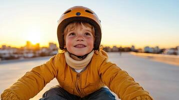 child wearing helmet smiles while learning to ride bike at sunset photo
