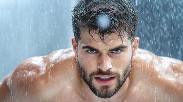 determined athlete training in rain, showcasing strength and focus photo