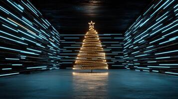 digital futuristic Christmas tree with neon lights glowing brightly photo