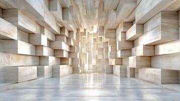 Futuristic interior design with geometric wooden blocks and bright lighting photo