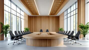 Modern conference room with wooden accents and large table photo