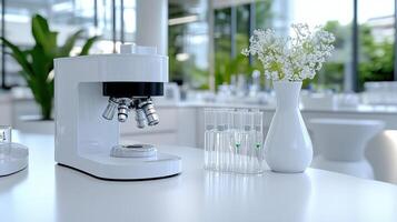 modern biochemistry lab featuring microscope, test tubes, and plants photo