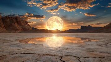 stunning landscape featuring large moonrise over cracked desert terrain, reflecting shallow pool photo