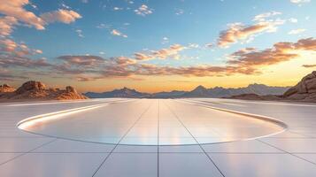 Futuristic landscape with reflective surface and mountains at sunset photo