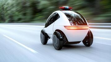 Futuristic robotic police vehicle speeding on highway with lights flashing photo