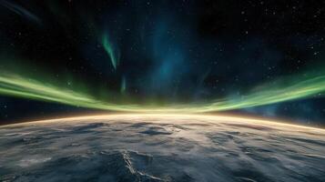 stunning aurora illuminates night sky above distant planet horizon photo