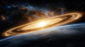 glowing planet with rings and bright star in cosmos photo