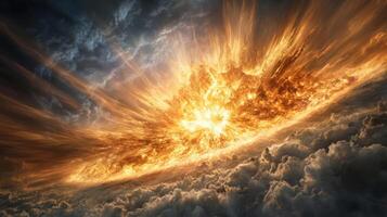 powerful solar flare erupts from sun, illuminating clouds below photo