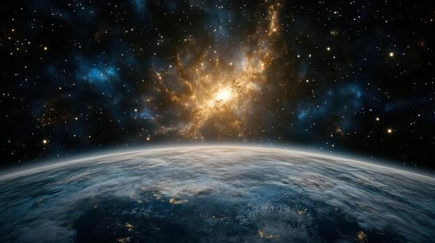 stunning view of planet with glowing nebula in background photo