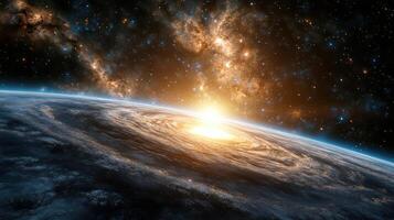 stunning view of galaxy with bright sun rising over swirling planet photo