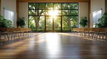 serene lecture hall with sunlight streaming through large windows, creating warm atmosphere photo