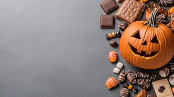 festive pumpkin with playful face surrounded by assorted candies and chocolates photo