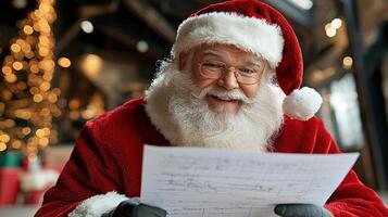 Santa Claus reading list with joyful smile in festive setting photo