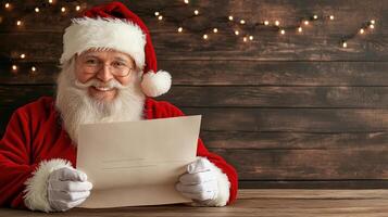 Santa Claus holding letter with joyful expression in festive setting photo