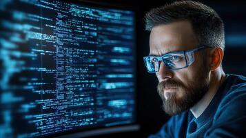 focused man in glasses analyzing data on computer screen photo