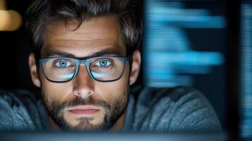 focused software developer working late at night on project photo