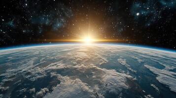 breathtaking sunrise over Earth from space, showcasing clouds and stars photo