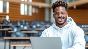 student smiling while typing lecture notes on laptop in class photo