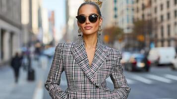 Stylish woman in checkered blazer and sunglasses walking in city photo