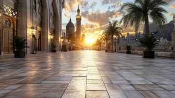 sunset casting golden glow over historic cityscape with palm trees photo