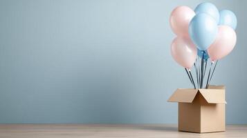 Surprise baby gender reveal with balloons in box against blue wall photo