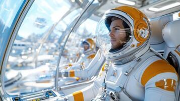 Astronauts inside futuristic spaceship, exploring new worlds with excitement photo