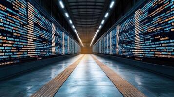 futuristic corridor with glowing digital screens displaying data photo