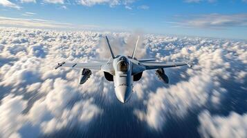 fighter jet soaring above fluffy clouds, showcasing aerial prowess and speed photo