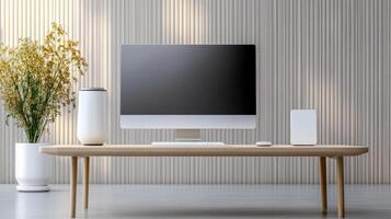 minimalist desk with ultrawide monitor, stylish decor, and plants photo