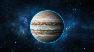 glowing giant planet resembling Jupiter in starry space background photo