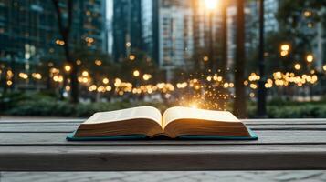 glowing book resting on bench under streetlamp, surrounded by city lights photo