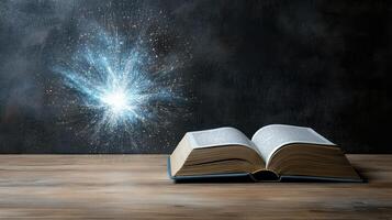 glowing book with pages turning on their own, revealing magic photo