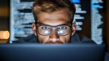 Focused hacker working in dark, illuminated by screen glow photo