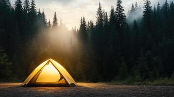 glowing tent nestled in misty forest, creating serene atmosphere photo