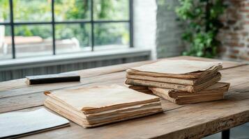Ancient manuscripts stacked on rustic wooden desk in bright room photo