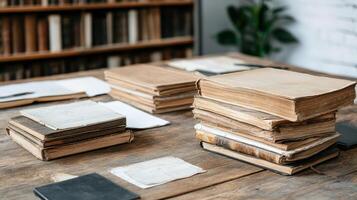 Ancient manuscripts and books stacked on wooden desk in study photo